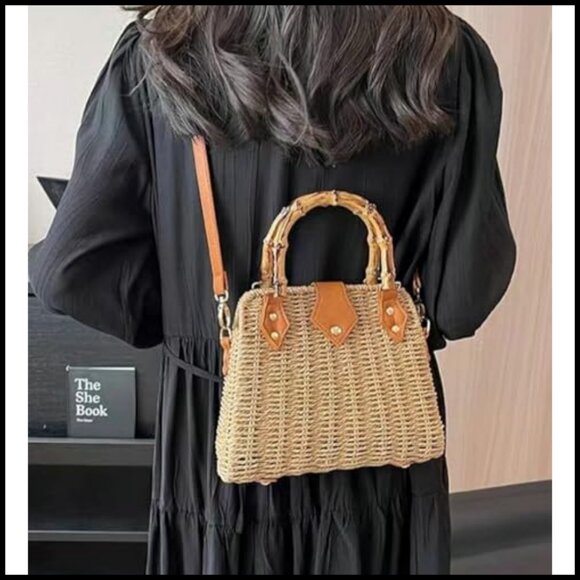 Rattan Woven Crossbody Shoulder Bag Minimalist Boho Summer Beach Tote - Picture 4 of 7